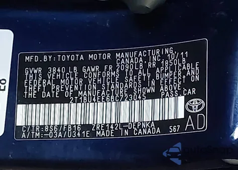 2011 Toyota Corolla Le z USA, uszkodzony, nr VIN 2T1BU4EE6BC723045